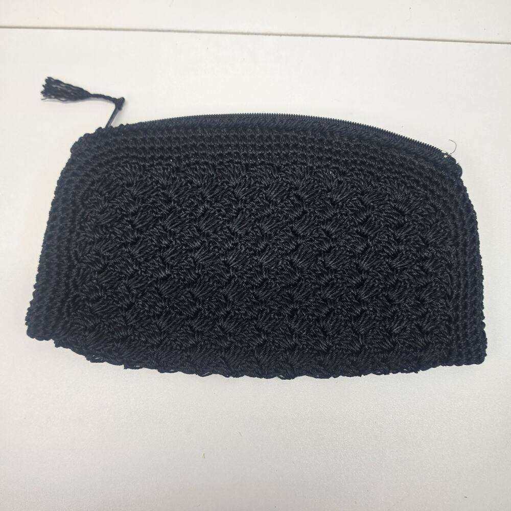 Vintage 1950s Black Cord Crochet Woven Clutch Handbag Purse Zip Retro MCM Japan